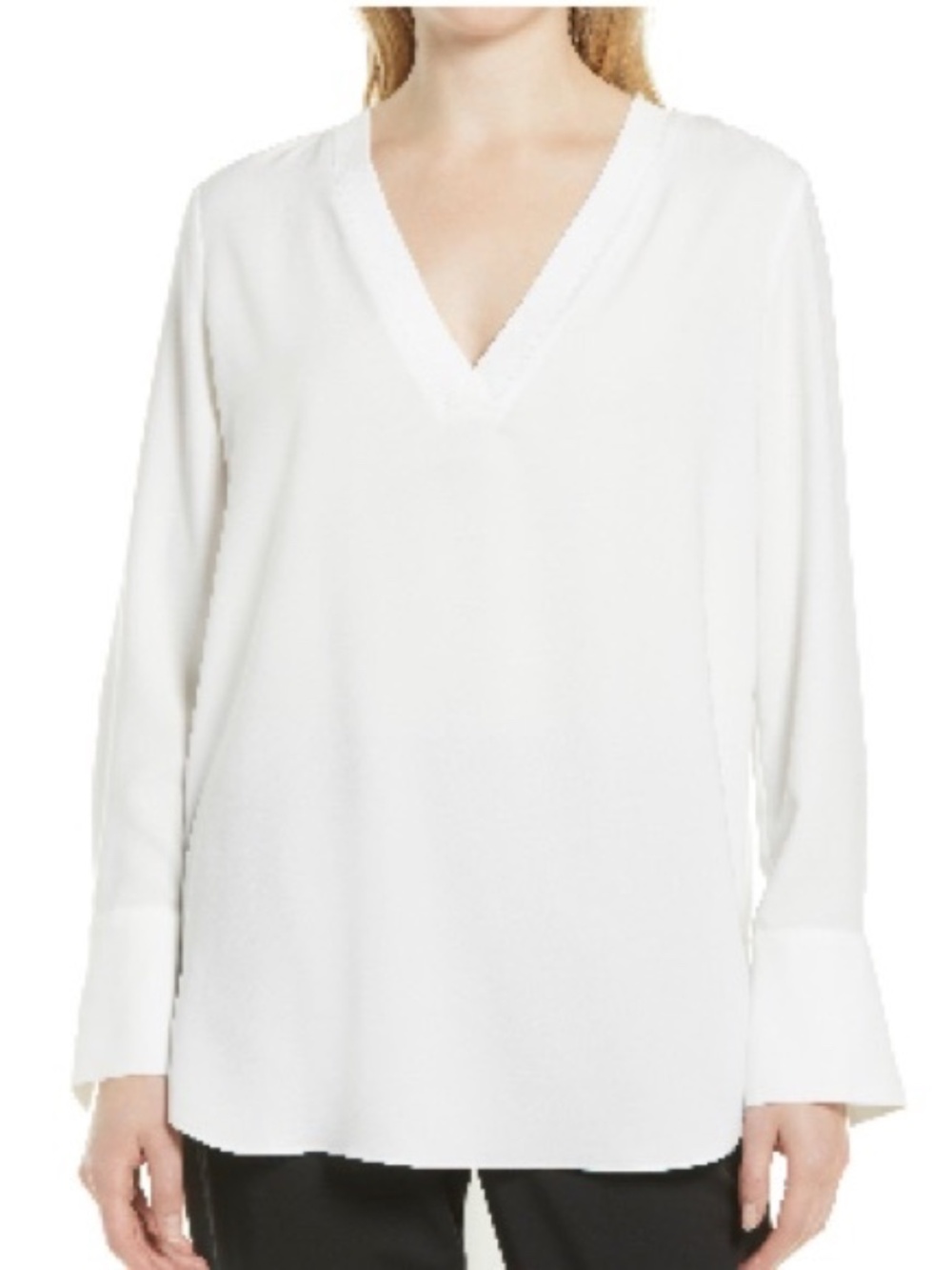 Nordstrom Rib Trim Woven Crepe White Tunic